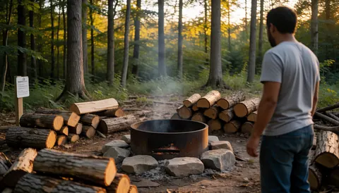 Un homme debout face à un feu de camp dans une forêt, avec du bois empilé et la lumière du coucher de soleil.