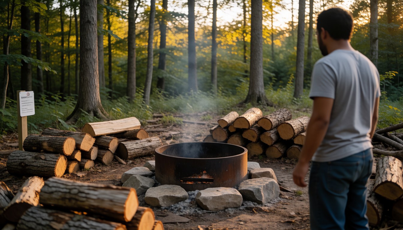 Un homme debout face à un feu de camp dans une forêt, avec du bois empilé et la lumière du coucher de soleil.