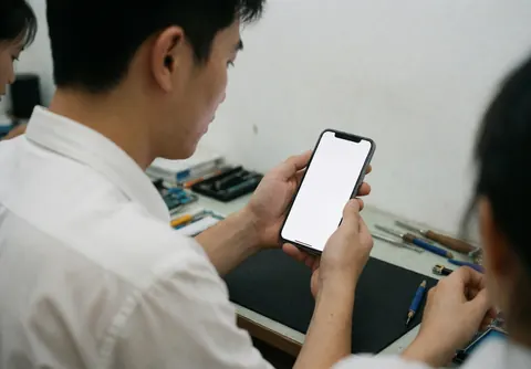 Un technicien répare un smartphone à l'écran blanc sur une table avec des outils, tandis qu'une autre personne observe la scène dans un atelier aux murs blancs.