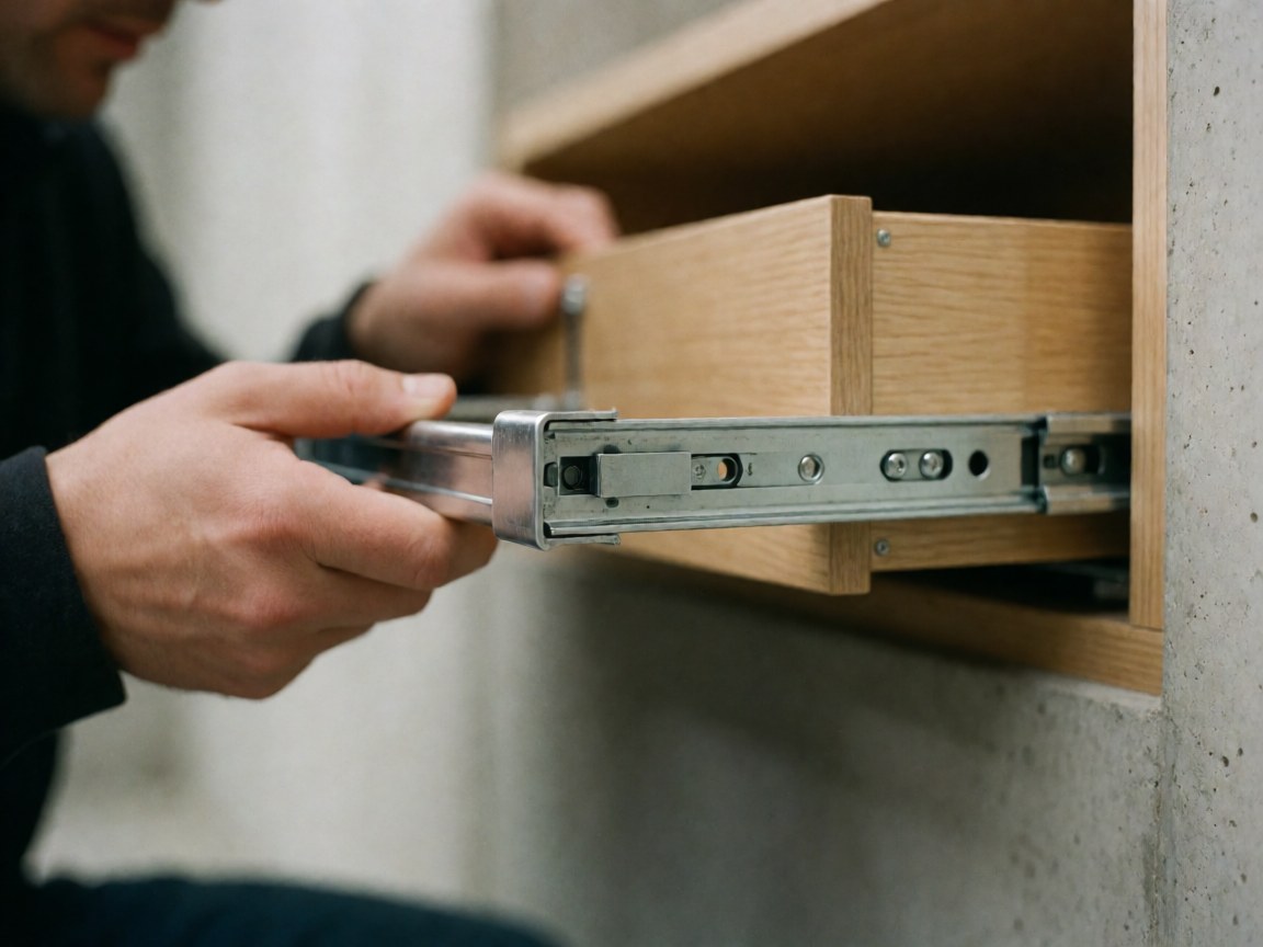 Mains ajustant un mécanisme de tiroir métallique sur une structure en bois, détail technique précis pour l'installation de meubles.