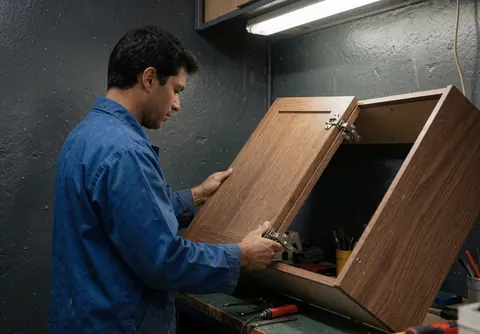 Un technicien en uniforme bleu examine les charnières d'une armoire en bois dans un atelier avec des outils sur la table.