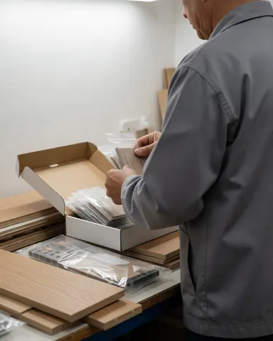 Un technicien en uniforme gris examine des composants électroniques sortis d'une boîte ouverte sur une table, entouré de panneaux de bois et d'emballages plastiques.