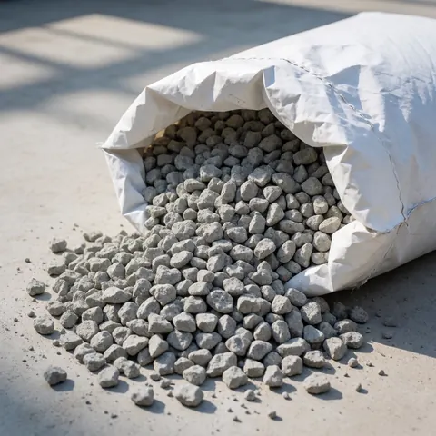 Sac en plastique blanc ouvert contenant des pierres grises pour l'isolation des toitures, dispersées sur du béton sous la lumière du soleil.