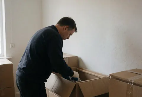 Un technicien portant des gants emballe une pièce de meuble dans une boîte en carton sur fond blanc avec lumière naturelle.