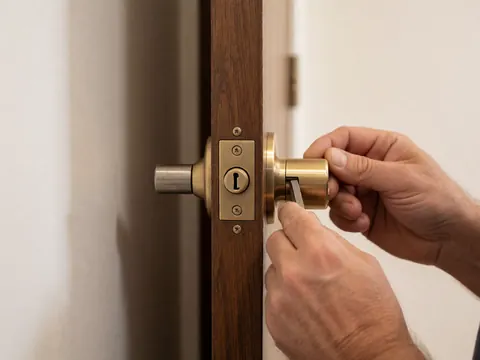 Gros plan d'une main adulte insérant une clé en bronze dans une serrure de porte en bois foncé, sur fond blanc.