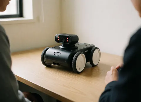 Un robot éducatif blanc à roues est posé sur une table en bois clair, éclairé par la lumière naturelle d'une fenêtre, avec des personnes assises de chaque côté.
