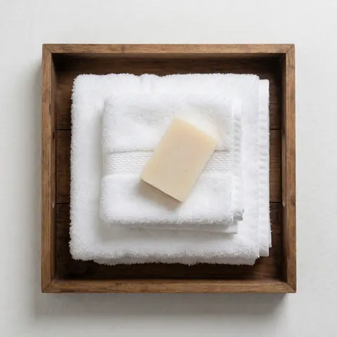 Des serviettes blanches pliées et un savon naturel posés sur un plateau en bois rustique devant un mur blanc.