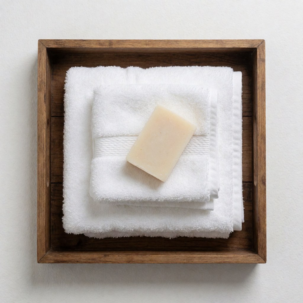 Des serviettes blanches pliées et un savon naturel posés sur un plateau en bois rustique devant un mur blanc.