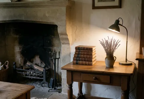 Salon rustique éclairé par une lampe de bureau, mettant en valeur une cheminée en pierre, une table en bois ornée de livres et de lavande.