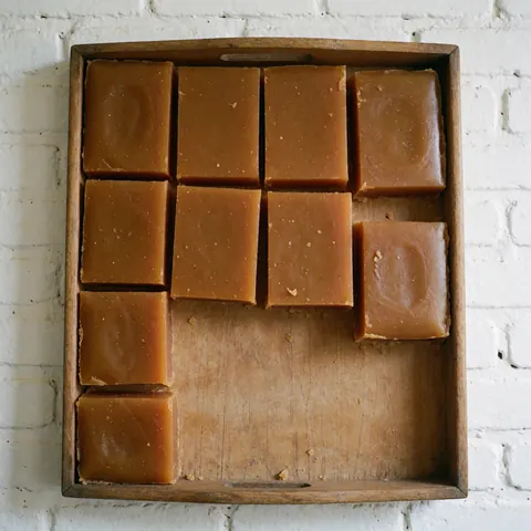 Des morceaux de panela artisanale disposés sur une assiette en bois devant un mur de briques blanches avec une texture cristallisée visible.