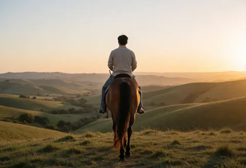 Un jeune homme chevauche sur une colline verte pendant le coucher du soleil, illuminant les montagnes d'une lumière dorée, créant une scène calme et naturelle.