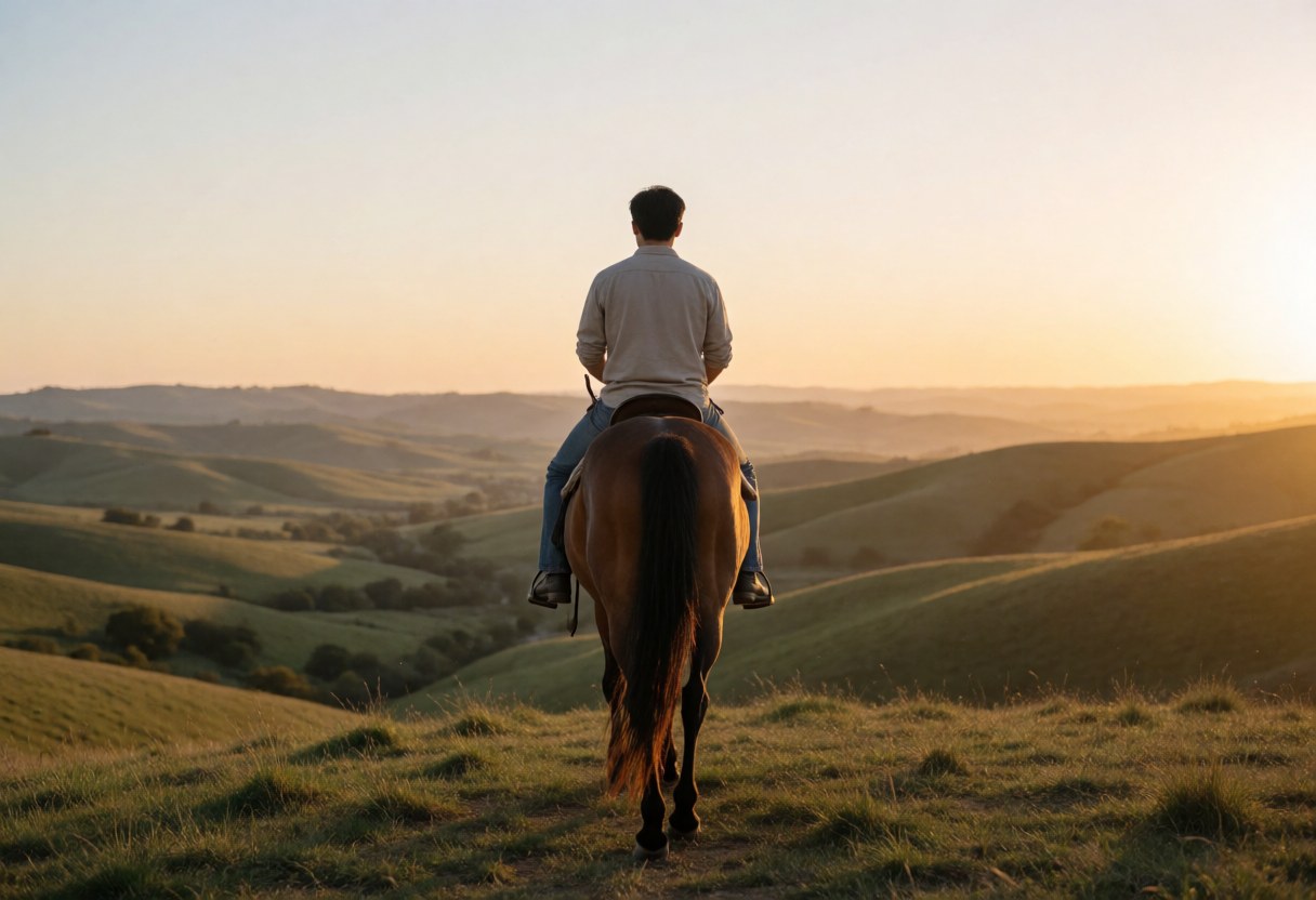 Un jeune homme chevauche sur une colline verte pendant le coucher du soleil, illuminant les montagnes d'une lumière dorée, créant une scène calme et naturelle.