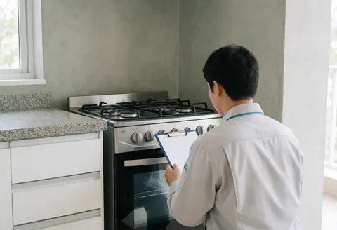 Un technicien en uniforme inspecte une cuisinière à gaz dans une cuisine équipée de meubles blancs et d'un plan de travail en granité, baignée de lumière naturelle.