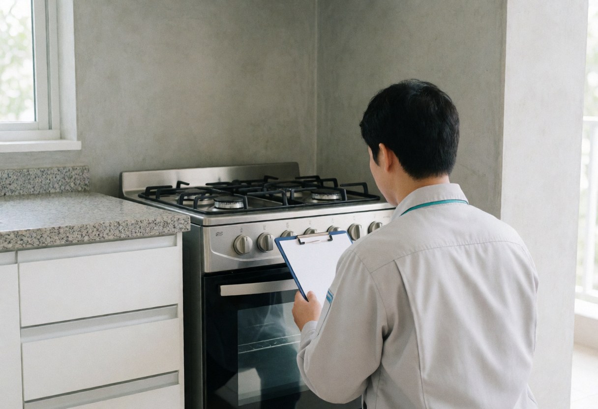 Un technicien en uniforme inspecte une cuisinière à gaz dans une cuisine équipée de meubles blancs et d'un plan de travail en granité, baignée de lumière naturelle.