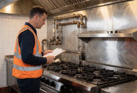 Un technicien en gilet de sécurité examine une cuisinière à gaz dans une cuisine commerciale aux surfaces en acier inoxydable et tuyauterie apparente.