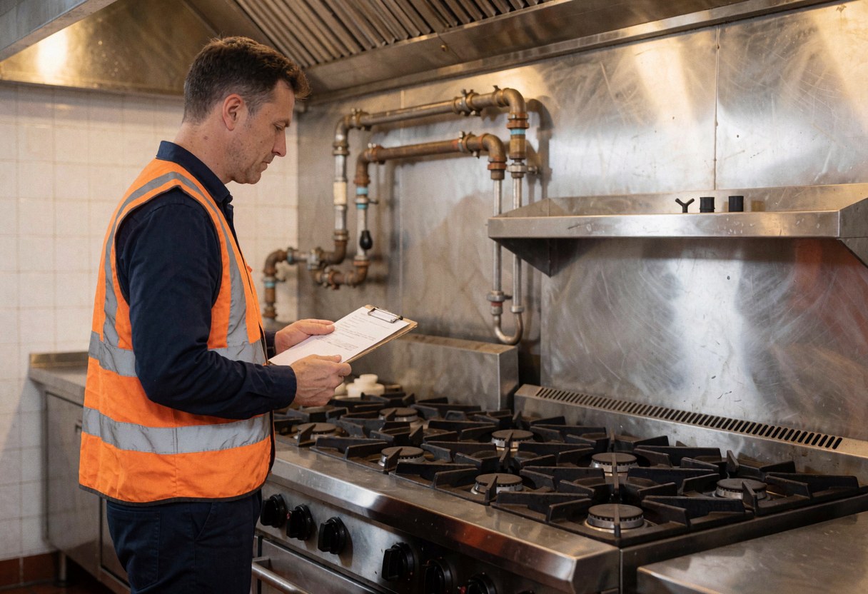 Un technicien en gilet de sécurité examine une cuisinière à gaz dans une cuisine commerciale aux surfaces en acier inoxydable et tuyauterie apparente.