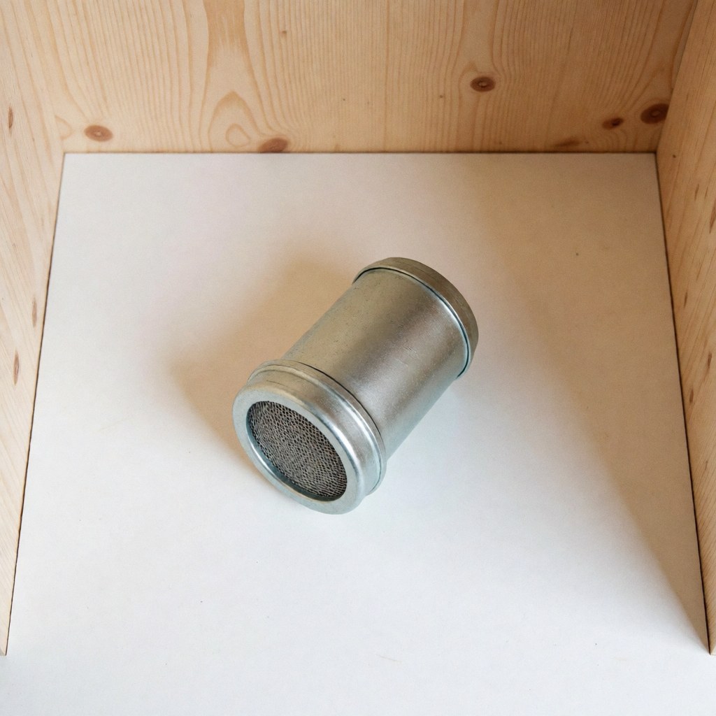 Filtre à gaz cylindrique en métal avec grille posé sur une boîte en bois, vue de dessus sur fond blanc, idéal pour les installations de gaz.
