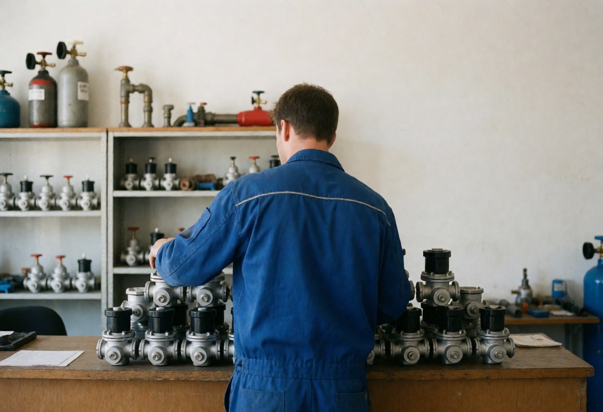 Un technicien en uniforme bleu organise des régulateurs de gaz sur une table en bois avec tuyaux et réservoirs en arrière-plan.