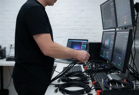 Un vidéaste organise des câbles HDMI sur un bureau avec des moniteurs, un mur en briques blanches, dans un environnement technique et professionnel.
