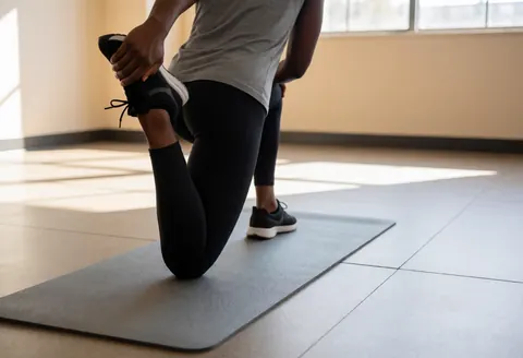 Une personne en tenue de sport effectue des étirements des quadriceps sur un tapis gris dans une salle de sport avec sol en caoutchouc et lumière naturelle.