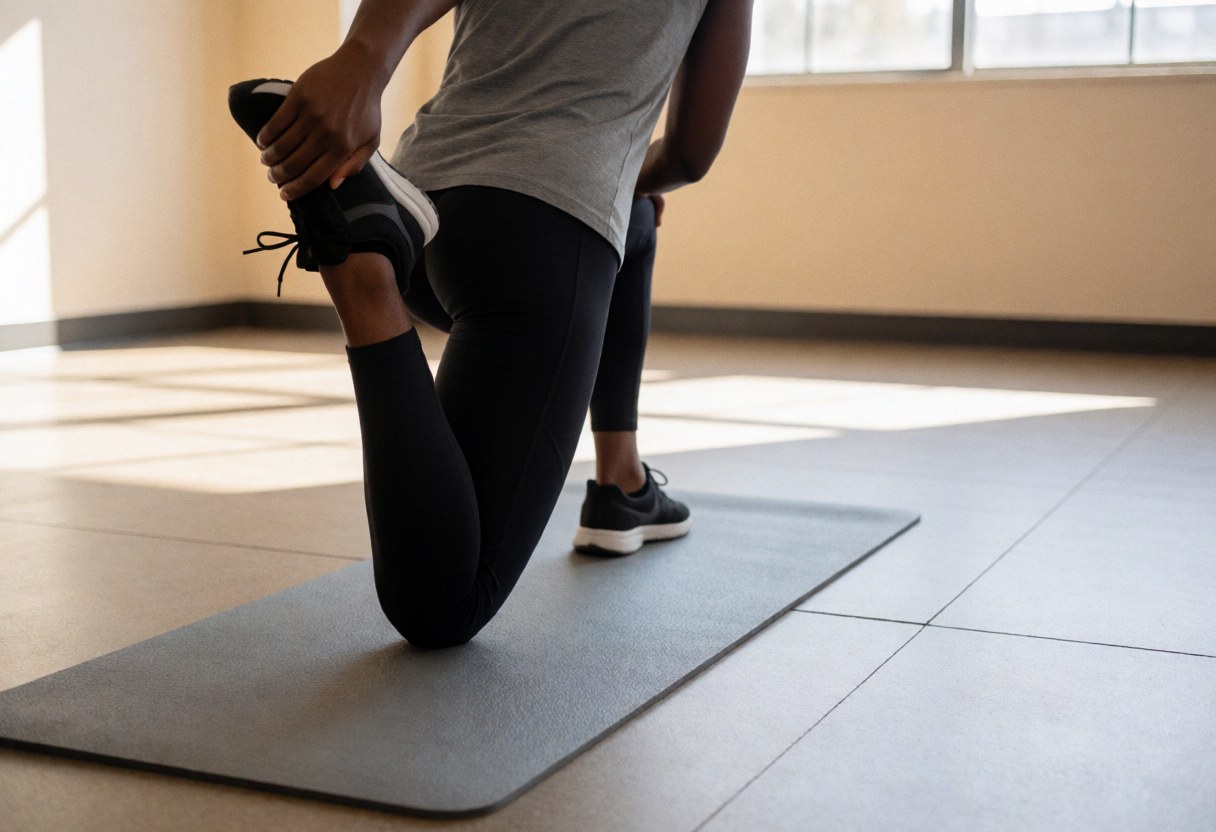 Une personne en tenue de sport effectue des étirements des quadriceps sur un tapis gris dans une salle de sport avec sol en caoutchouc et lumière naturelle.