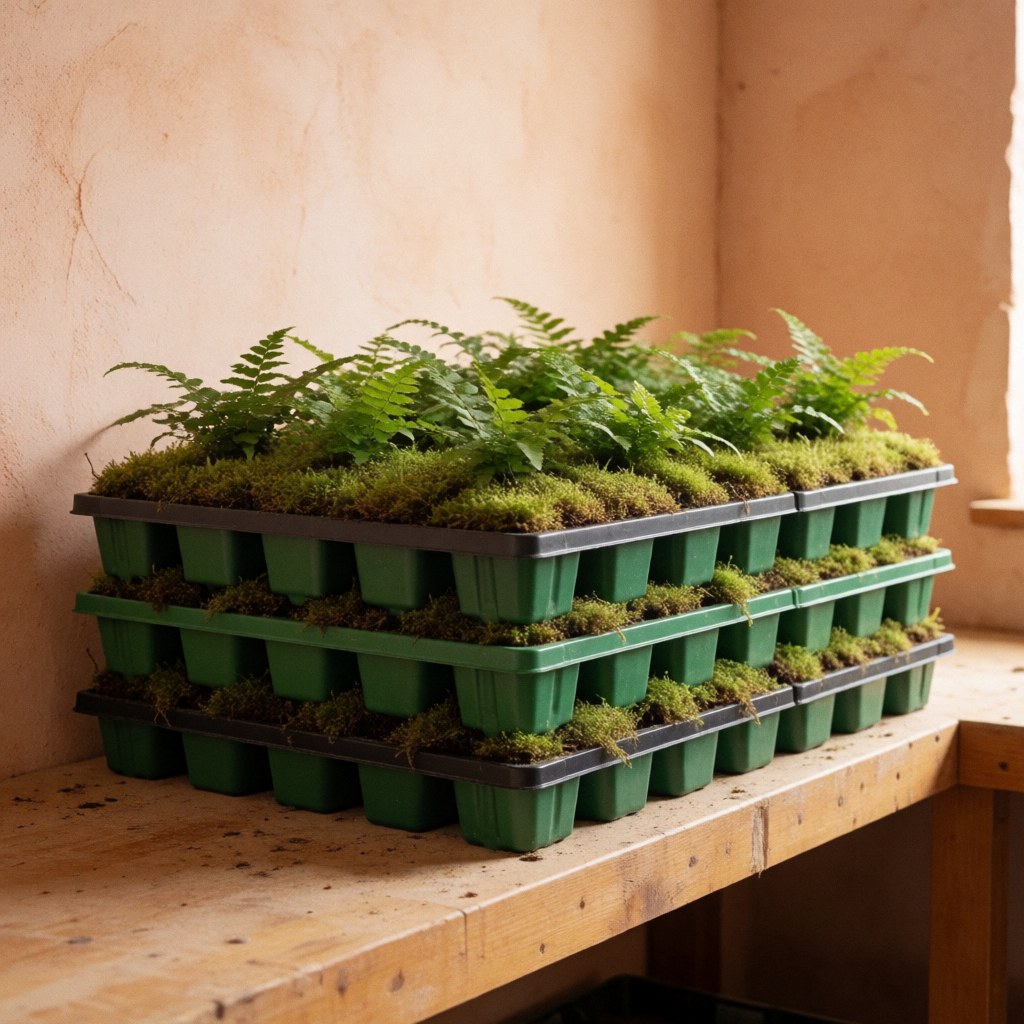 Ligne de plantes vertes dans des pots posés sur un banc en bois, avec des murs en plâtre clair et une lumière naturelle. Idéal pour un business de toiture avec végétation.