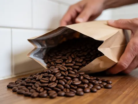 Grains de café sortant d'un sac en papier tenu par des mains sur une table en bois devant un mur de carreaux blancs.