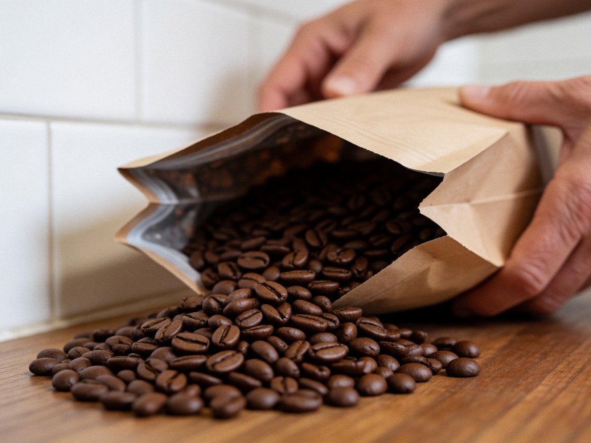 Grains de café sortant d'un sac en papier tenu par des mains sur une table en bois devant un mur de carreaux blancs.