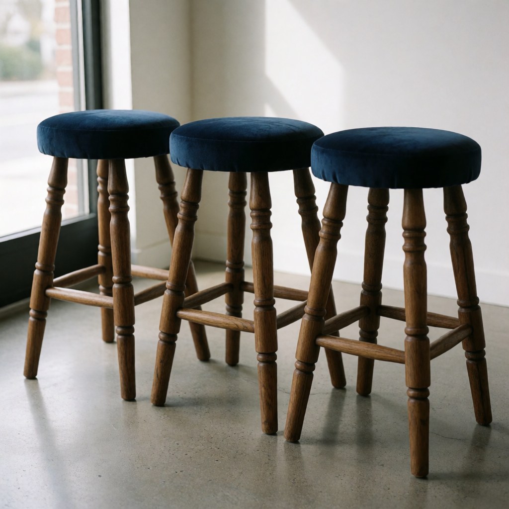 Trois tabourets restaurés dotés d'assises en velours bleu marine et de pieds en bois poli, disposés dans un intérieur baigné de lumière naturelle provenant d'une fenêtre.