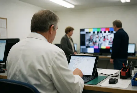 Un technicien en laboratoire examine des logs sur une tablette devant un grand téléviseur affichant un motif de test dans un environnement professionnel bien éclairé.