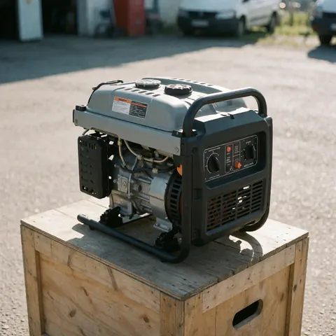 Un générateur portable à carburant avec son panneau de contrôle visible, placé sur une caisse en bois dans un environnement extérieur éclairé par la lumière naturelle.