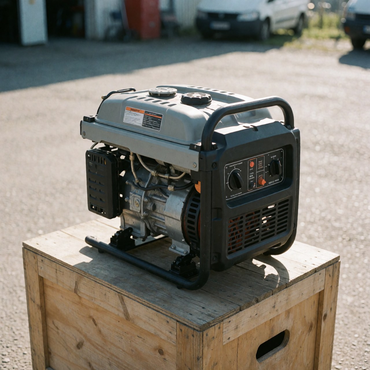 Un générateur portable à carburant avec son panneau de contrôle visible, placé sur une caisse en bois dans un environnement extérieur éclairé par la lumière naturelle.