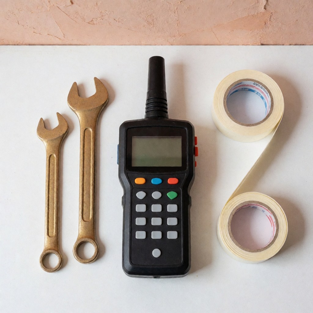 Kit professionnel de détection de gaz comprenant des clés en laiton, un détecteur numérique et du ruban d'étanchéité sur fond blanc avec mur terracotta.