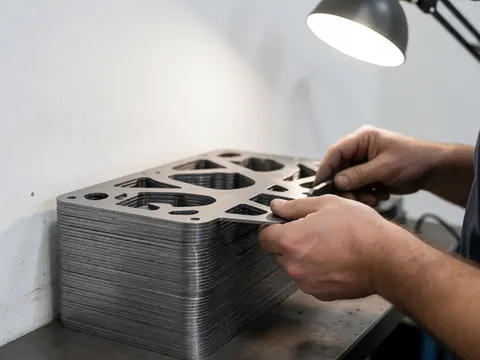 Une main examine une plaque métallique à la découpe précise posée sur une pile similaire sous un éclairage intense dans un atelier industriel.