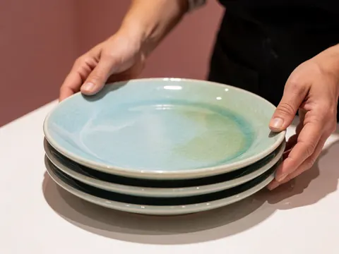 Assiettes artisanales aux tons bleus et verts, motif craquelé, mains tenant la pile sur une table blanche devant un mur rose.