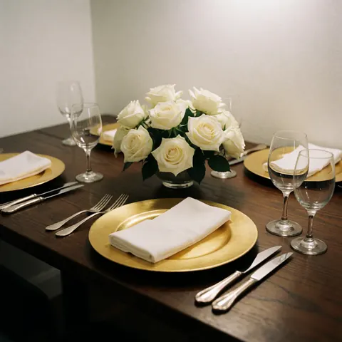 Table de banquet élégante ornée d'assiettes dorées, de serviettes blanches, de couverts en argent et d'un bouquet central de roses blanches dans un vase.