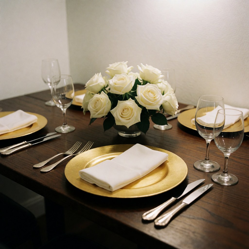 Table de banquet élégante ornée d'assiettes dorées, de serviettes blanches, de couverts en argent et d'un bouquet central de roses blanches dans un vase.