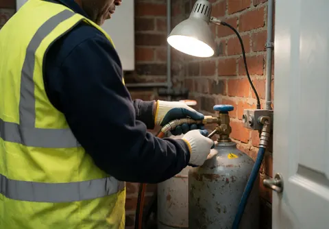Un technicien en gants raccorde un tuyau à une bouteille de gaz dans un atelier, assurant la sécurité lors d'une intervention.