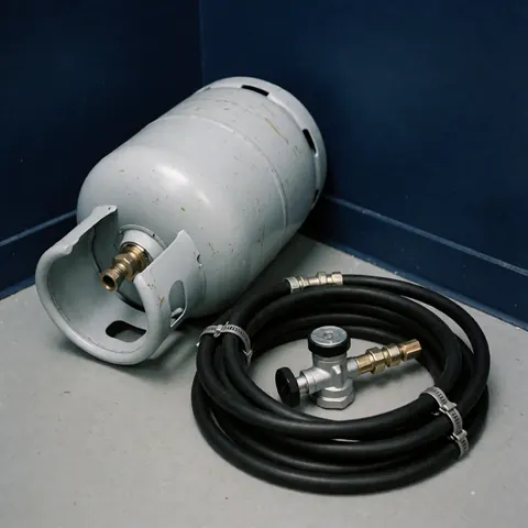Nouveau cylindre de gaz LPG, tuyau noir avec colliers métalliques et régulateur posés sur un sol gris devant un mur bleu marine.