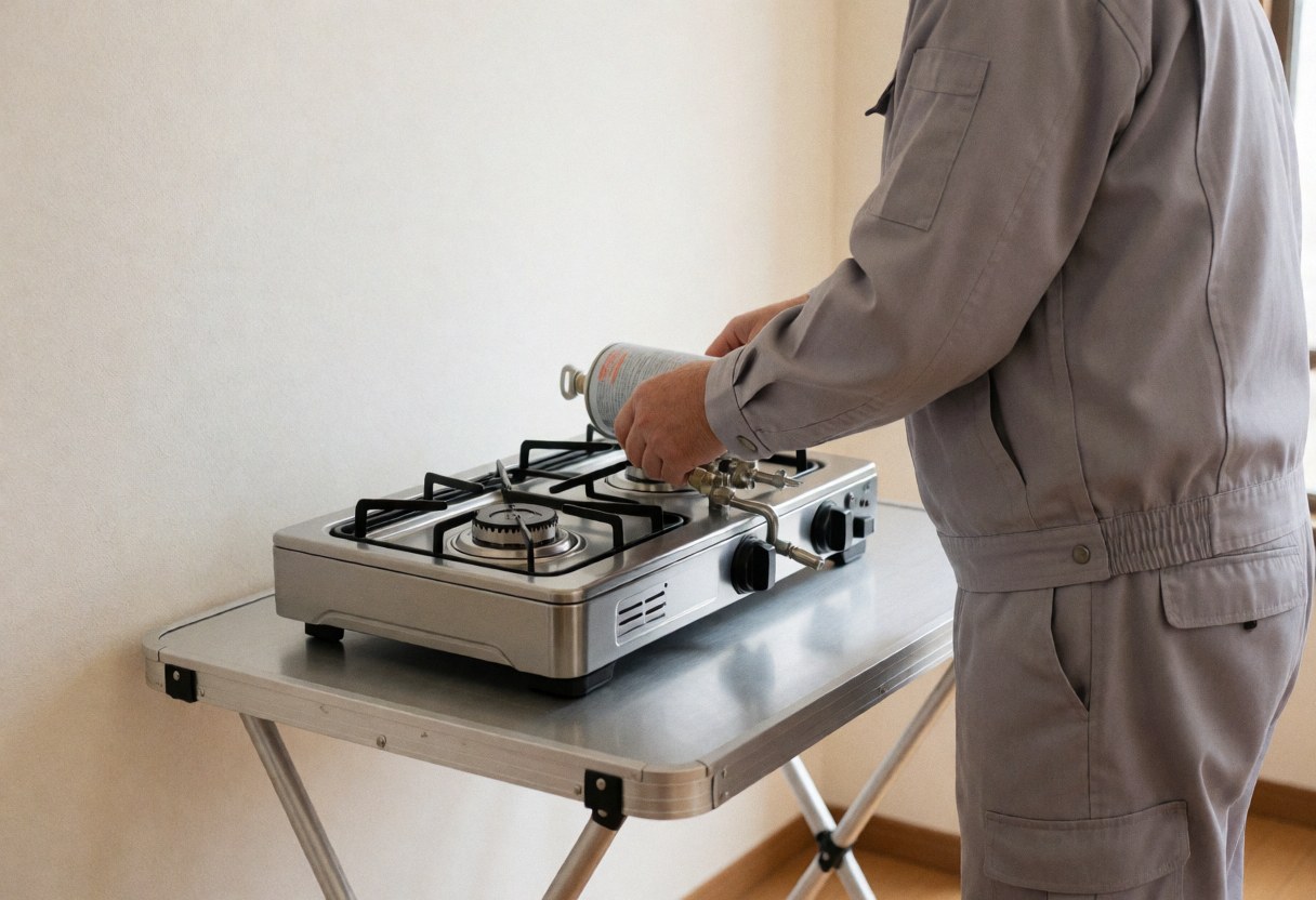 Un technicien en uniforme gris raccorde un réchaud de camping à une bouteille de gaz sur une table pliante en aluminium dans un espace lumineux aux murs blancs.