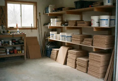 Atelier d'installation de sols en liège avec étagères en bois, piles de planches et récipients de colle, éclairé par la lumière naturelle d'une fenêtre.