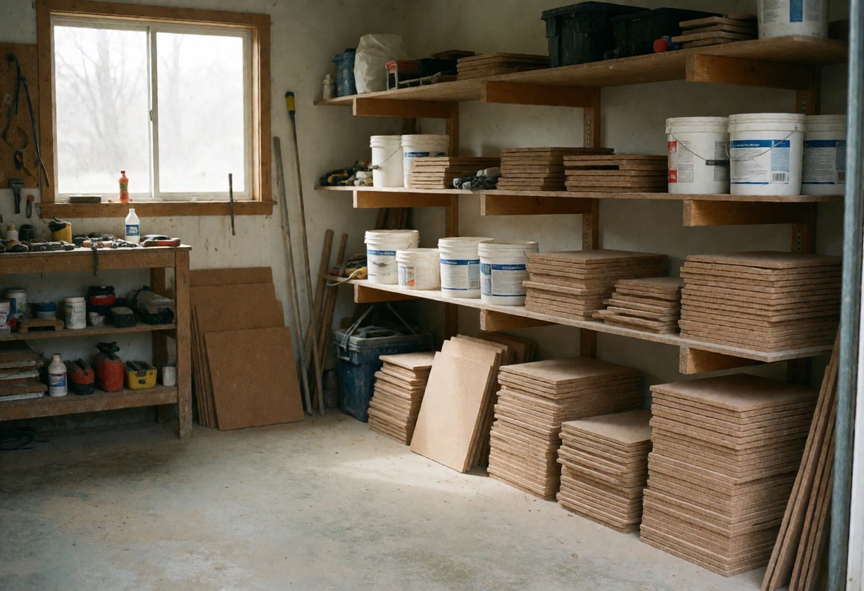 Atelier d'installation de sols en liège avec étagères en bois, piles de planches et récipients de colle, éclairé par la lumière naturelle d'une fenêtre.