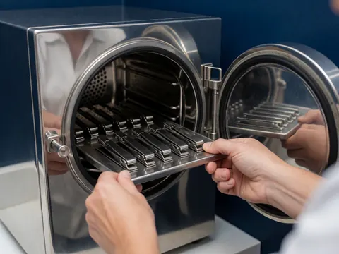 Des mains extraient un plateau contenant des instruments de manucure stérilisés depuis un autoclave en acier inoxydable sur fond bleu foncé, évoquant hygiène et professionnalisme.