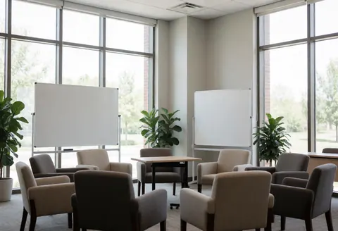 Salle de classe avec chaises confortables en cercle, tableaux blancs et plantes vertes. Grandes fenêtres laissant entrer la lumière naturelle. Ambiance chaleureuse et professionnelle.