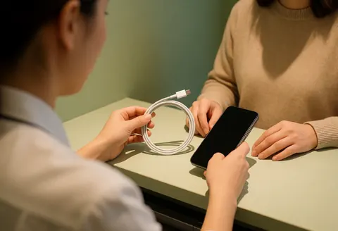 Un technicien en réparation de téléphones mobiles tend un câble de charge blanc à un client tenant son appareil, dans un cadre professionnel avec un comptoir et un mur vert pâle.