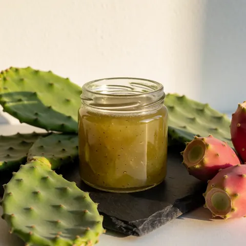 Une jarre remplie de gel de nopal posée sur une pierre noire, entourée de feuilles vertes et de fruits rosés sous un éclairage chaleureux sur fond blanc.