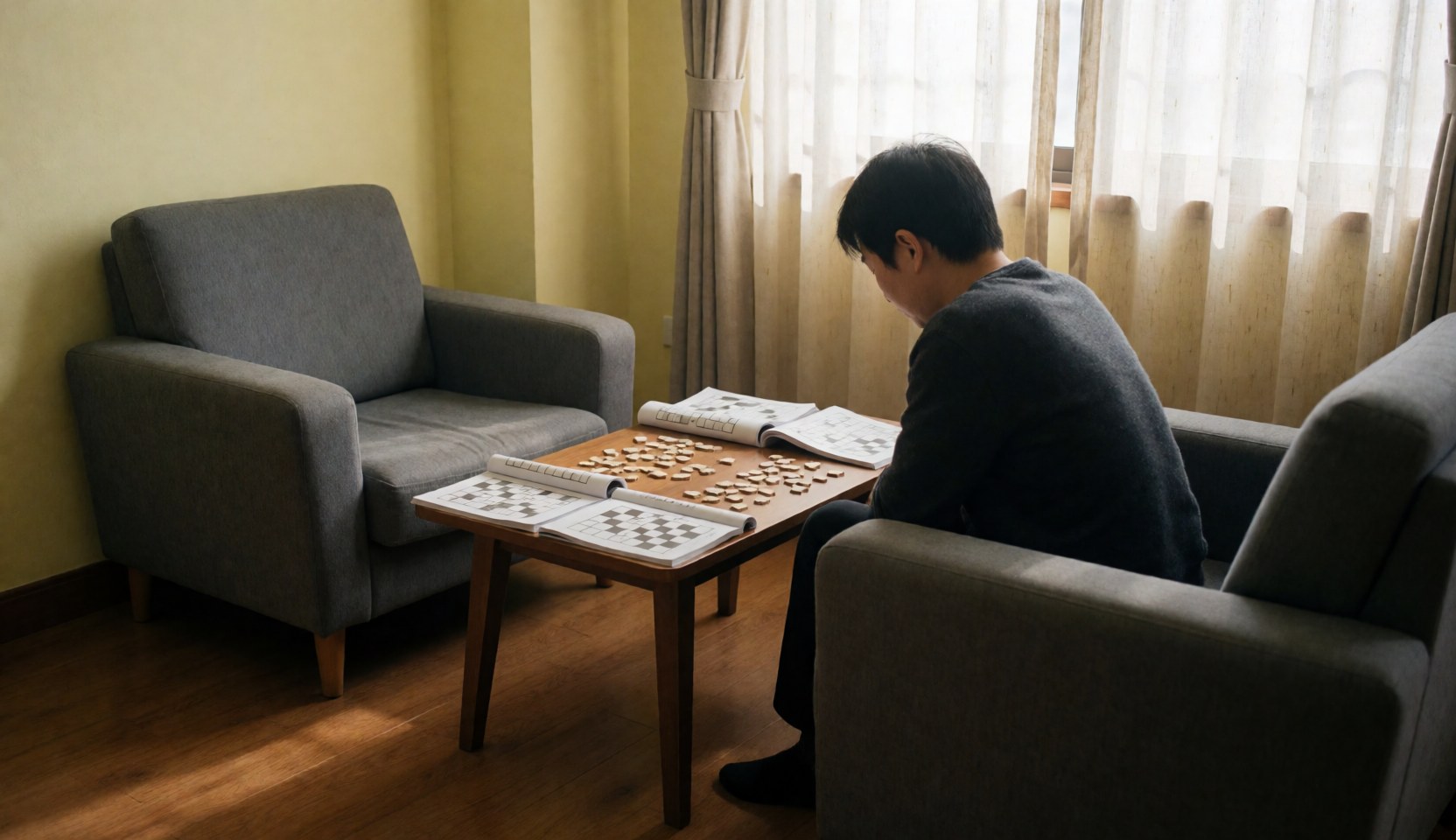 Un professeur d'échecs travaille sur des puzzles avec des livres et des pièces posés sur une table basse, dans un salon lumineux aux murs jaunes.