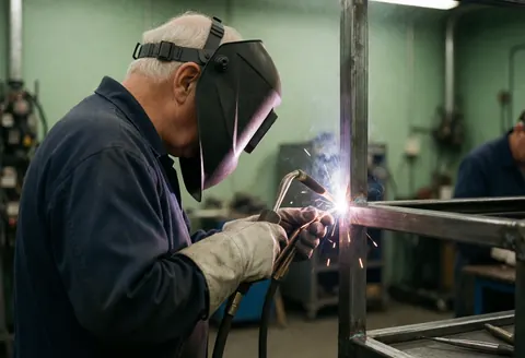 Un technicien casqué et ganté unit des poutres métalliques à l'aide d'un poste à souder dans un atelier industriel aux murs verts.