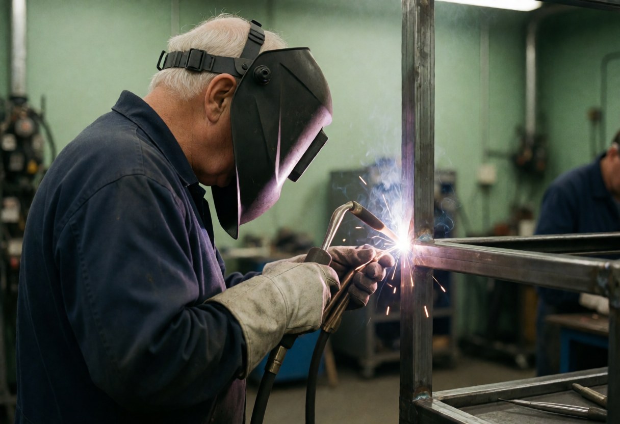 Un technicien casqué et ganté unit des poutres métalliques à l'aide d'un poste à souder dans un atelier industriel aux murs verts.