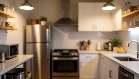 Cuisine d'auberge équipée d'appareils en acier inoxydable, de placards blancs, d'étagères en bois et baignée d'une lumière douce. Idéale pour servir de fond à un texte.